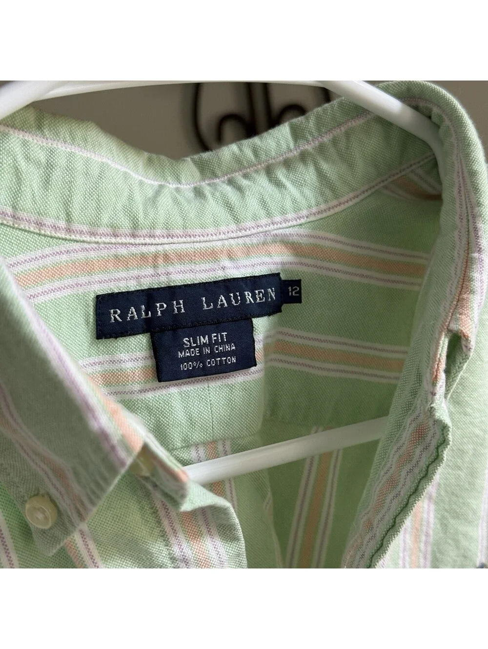 Ralph Lauren Womens 12 Slim Fit Green Striped Oxford Shirt Pony Button Down